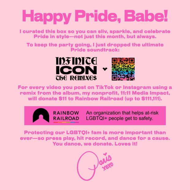 Pink graphic with “Happy Pride, Babe!” text and Rainbow Railroad partnership details.