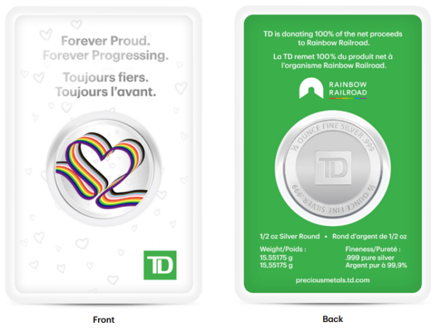 Front of a silver TD coin with a rainbow heart design on a white background.