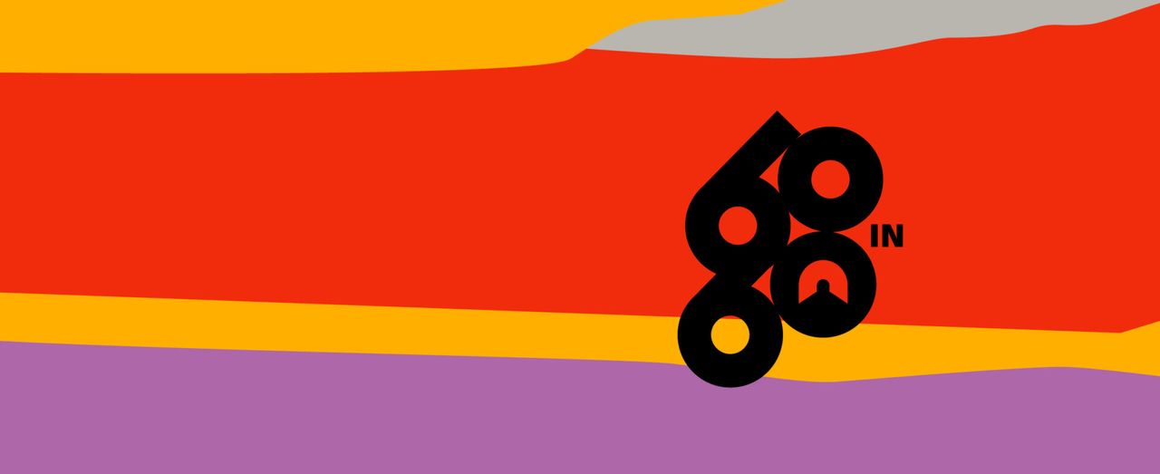 Colorful abstract waves with a black “60 in 60” logo in the center.