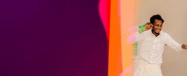 Banner featuring a smiling person dancing in traditional attire, framed by colorful overlays and a deep purple background.