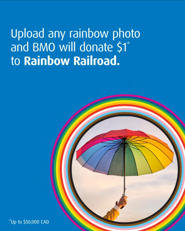 Blue BMO ad with a rainbow umbrella inside a circular rainbow frame.