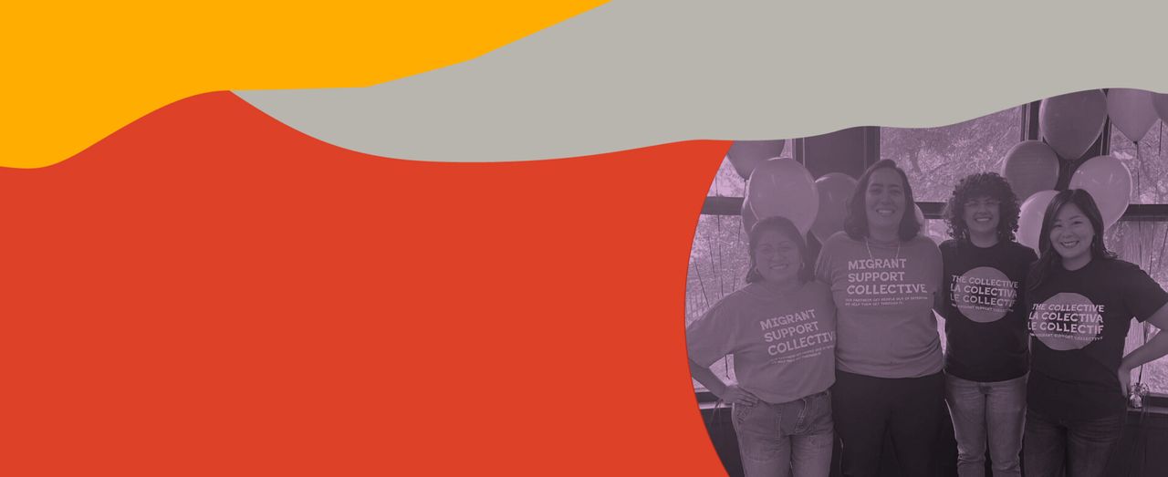 Four people in Migrant Support Collective shirts posing with balloons.