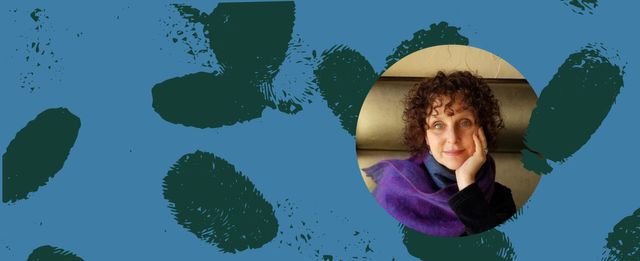 Person with curly hair in purple clothing against a blue and green graphic background.