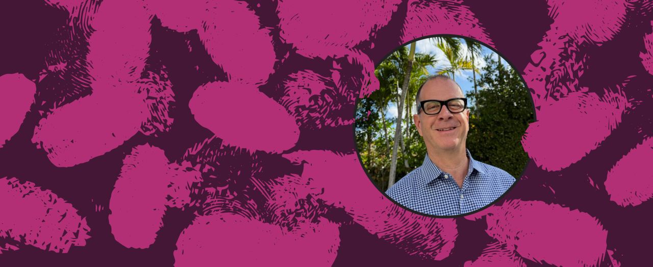 Banner featuring a person smiling outdoors, framed in a circular cutout over a magenta and dark purple patterned background.