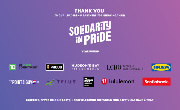 Partner thank-you graphic with “Solidarity in Pride” and sponsor logos on a purple gradient background.