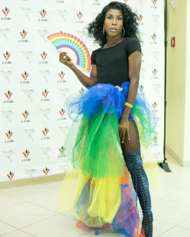 Person wearing a rainbow tulle skirt and holding a rainbow flag.