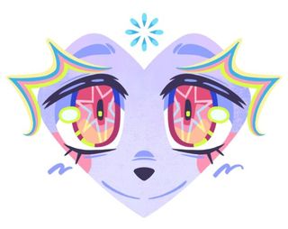 Illustration of a heart-shaped character with bright, colorful eyes and rainbow accents.