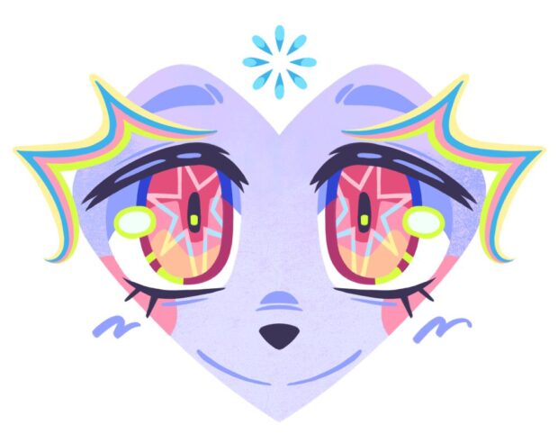 Illustration of a heart-shaped character with bright, colorful eyes and rainbow accents.