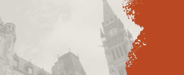 Parliament Hill clock tower with orange abstract overlay.