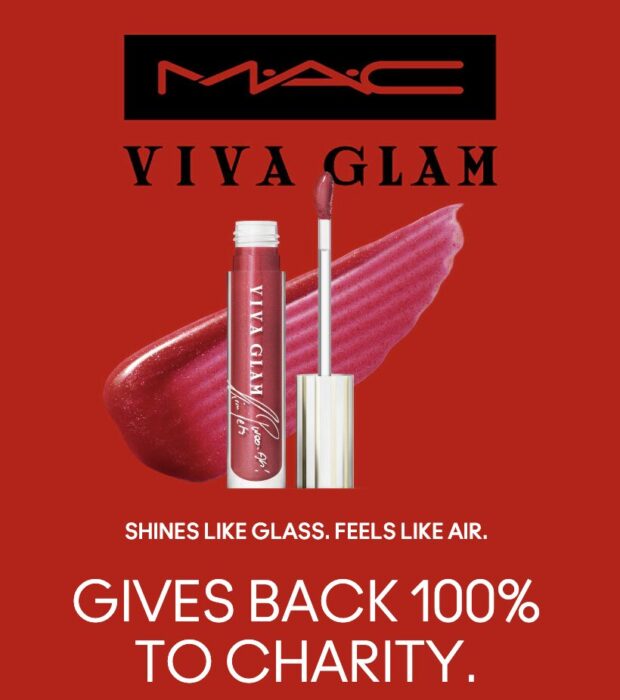 Red MAC Viva Glam ad with a lip gloss tube and brush.