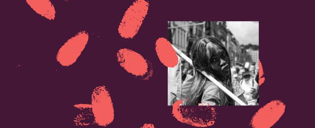 Person at a Pride parade holding a flag, shown in black and white with colourful thumbprint accents around them.