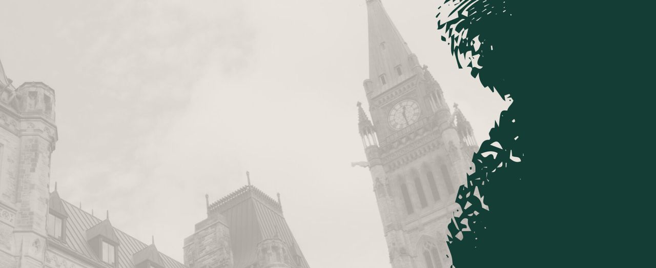 Parliament Hill clock tower with abstract dark green overlay.