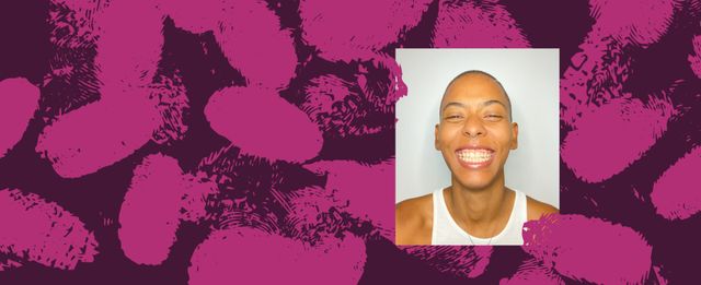 Banner design with a magenta background featuring a portrait of a smiling person in a white tank top.