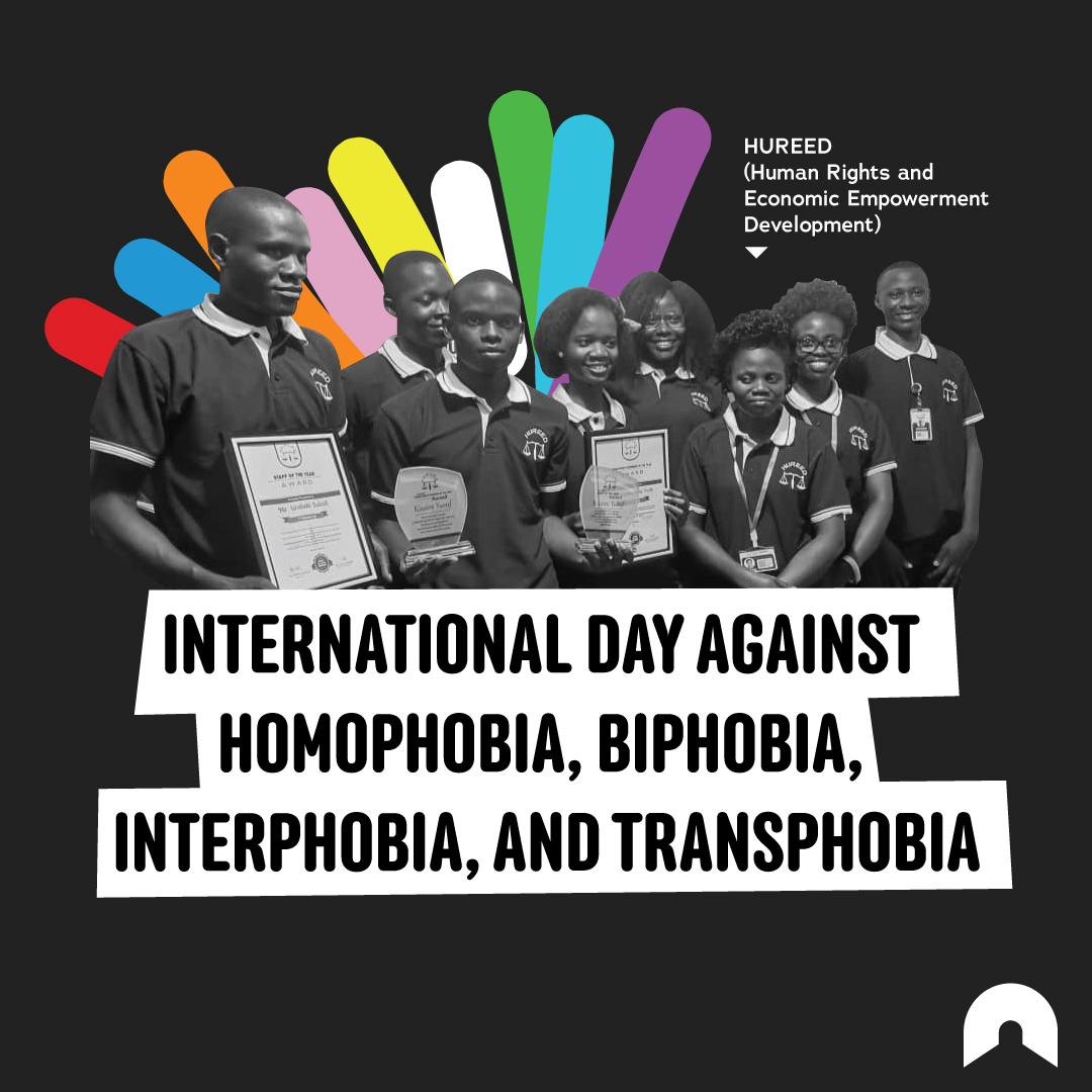 International Day Against Homophobia, Biphobia, Interphobia, and Transphobia graphic featuring a group holding certificates with colourful rays behind them.