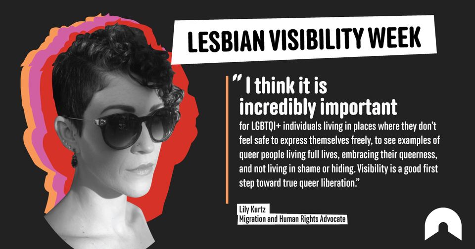 Black-and-white portrait with text advocating Lesbian Visibility Week.