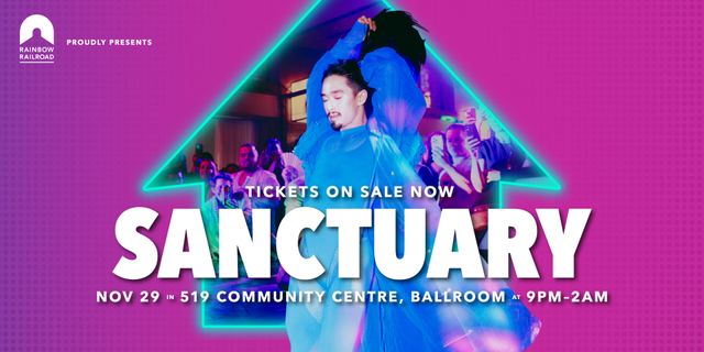 Person dancing on a ballroom floor with an audience watching, the worlds Sanctuary in bold.