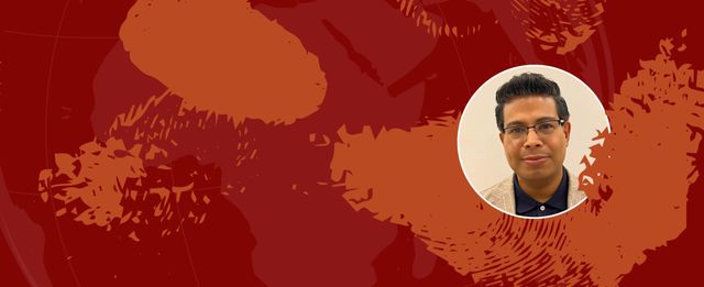 Banner with a red-toned world map background featuring a person framed in a circular cutout, wearing glasses and a light-colored jacket.