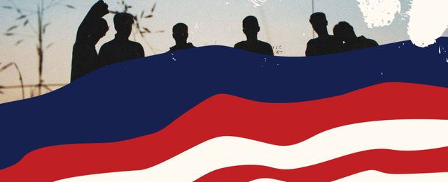 Silhouettes of several people standing behind stylized waves in red, white, and blue.
