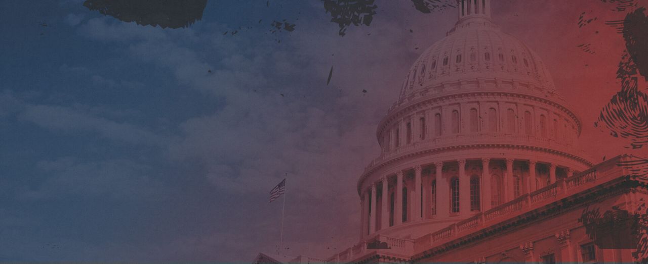 The U.S. Capitol dome overlaid with a red and blue gradient.