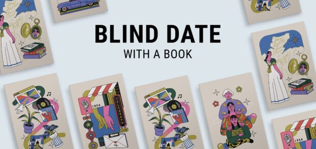 Assorted illustrated book covers under the text “Blind Date With a Book.”