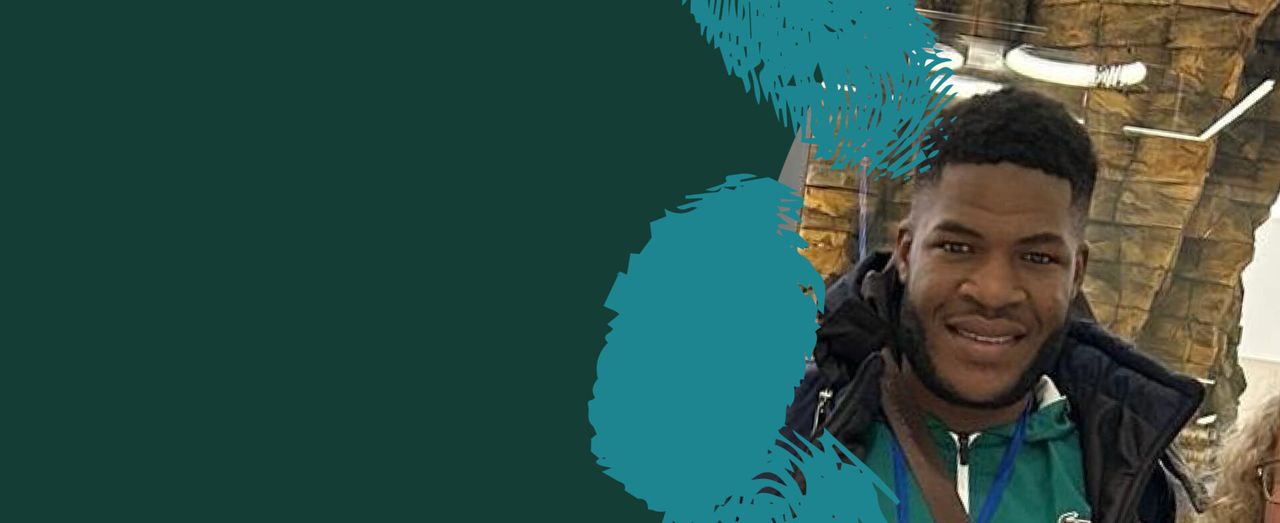 A person smiling outdoors, shown in a stylized graphic layout with teal brush shapes.