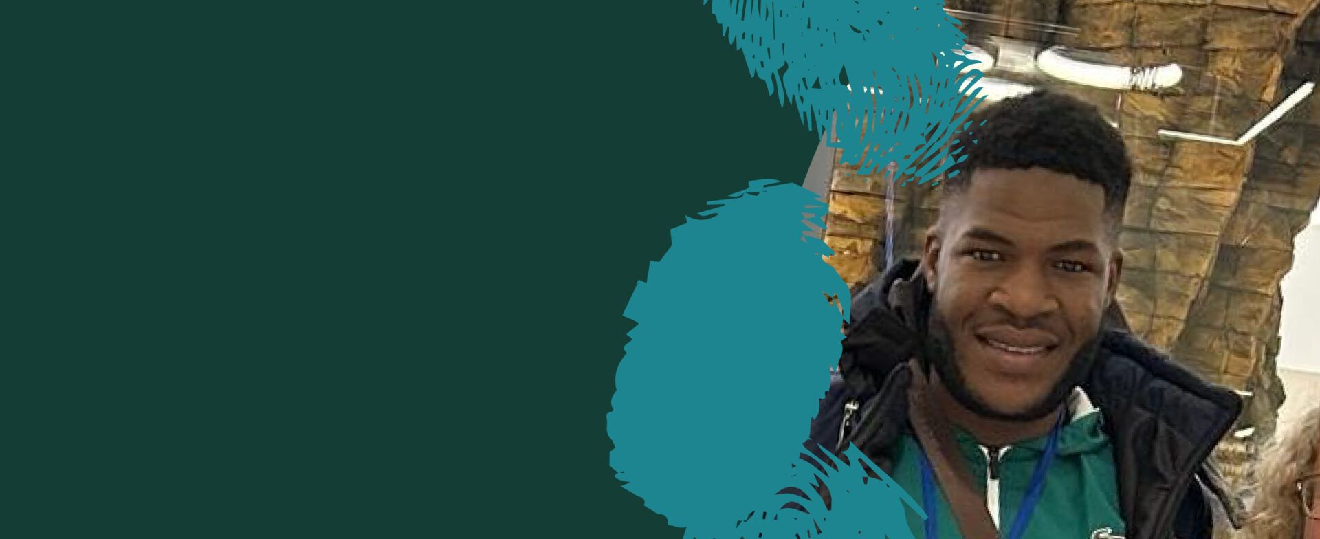 A person smiling outdoors, shown in a stylized graphic layout with teal brush shapes.