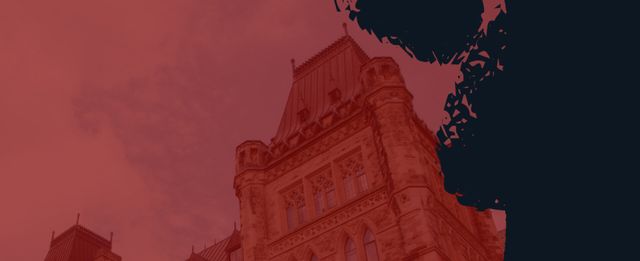 Photo of a historic Gothic-style building with a red overlay and dark silhouette design on the right side.