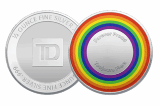 Silver coin with a rainbow ring reading “Forever Proud / Toujours Fier.”