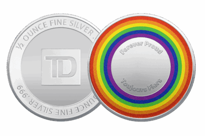 Silver coin with a rainbow ring reading “Forever Proud / Toujours Fier.”