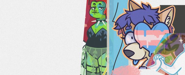 Stylized banner featuring colorful cartoon characters and trans pride imagery.