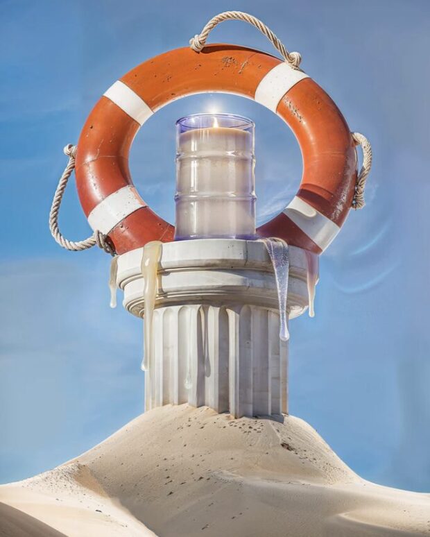 Candle on a column wrapped in a life preserver, melting in the sun.